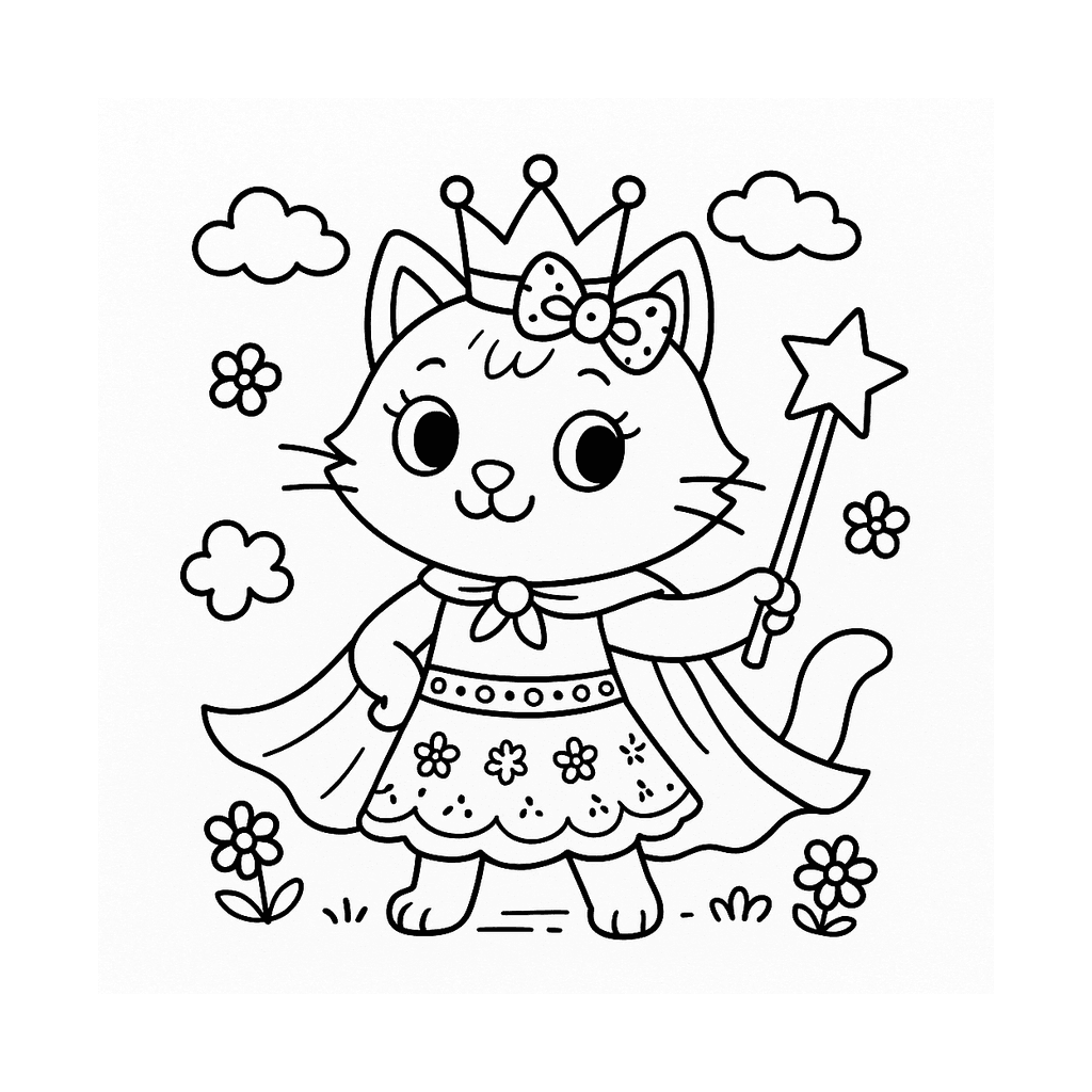 Black and white coloring page of adventure princess with a cape