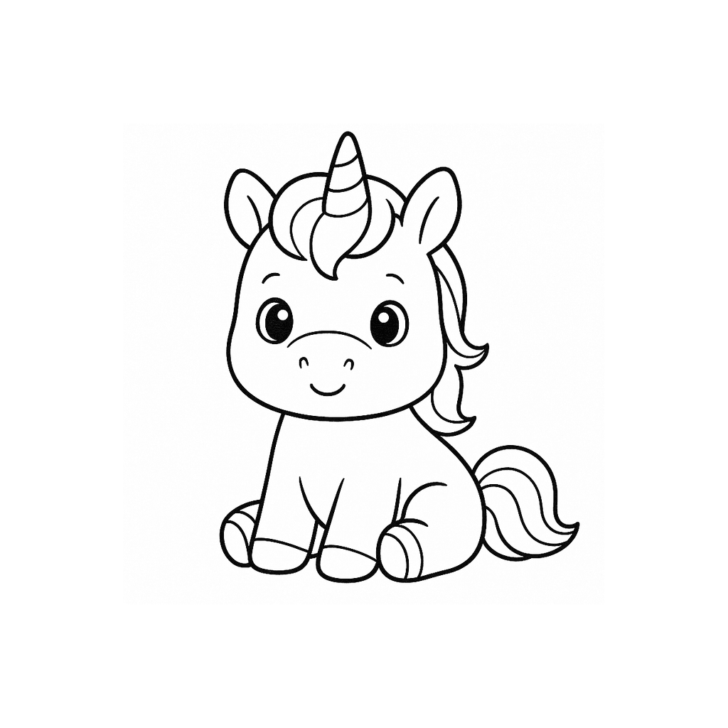 Black and white coloring page of a baby unicorn sitting with a tiny horn