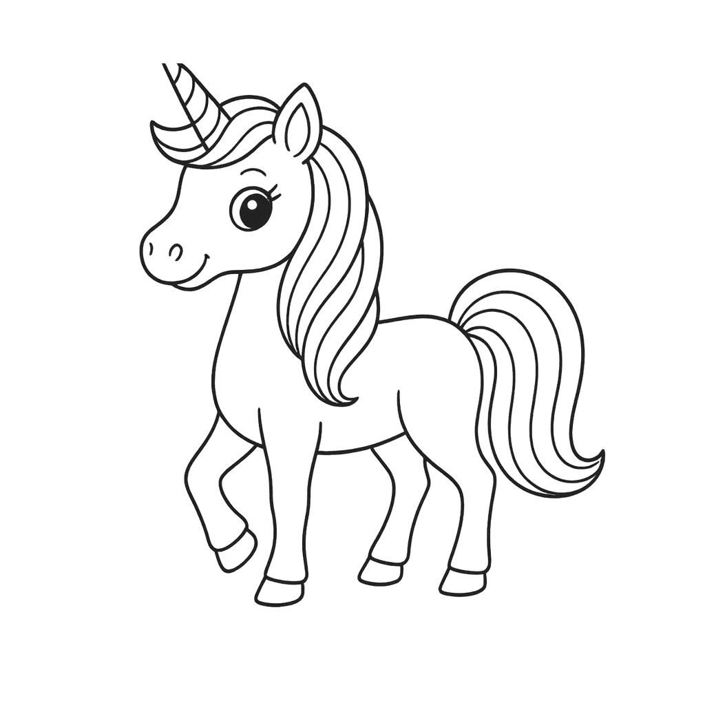 Black and white coloring page of a unicorn with a flowing mane in colorable sections
