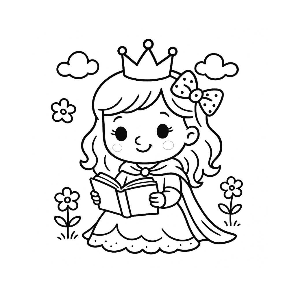 Black and white coloring page of princess reading a book