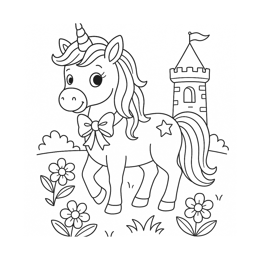 Black and white coloring page of a unicorn in a garden with flowers and a small castle turret