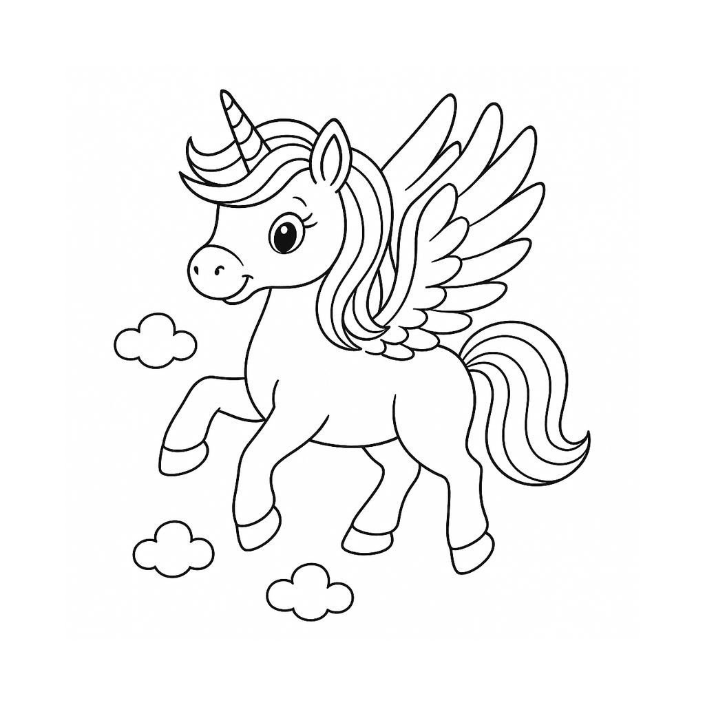 Black and white coloring page of a detailed winged unicorn with clouds