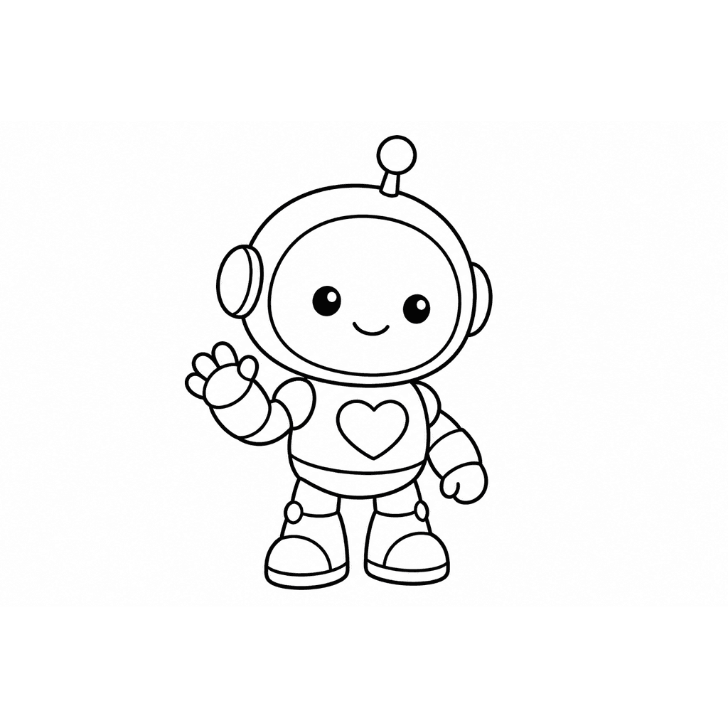 Black-and-white coloring page of a waving baby robot with a heart chest panel, antenna, and round ear discs