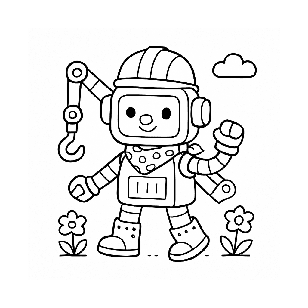 Black and white coloring page of builder robot with crane arm