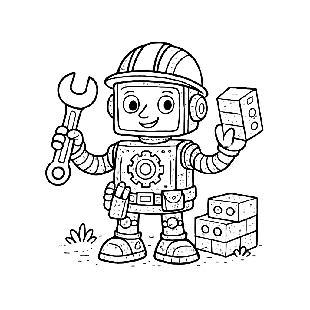 Black and white coloring page of builder robot