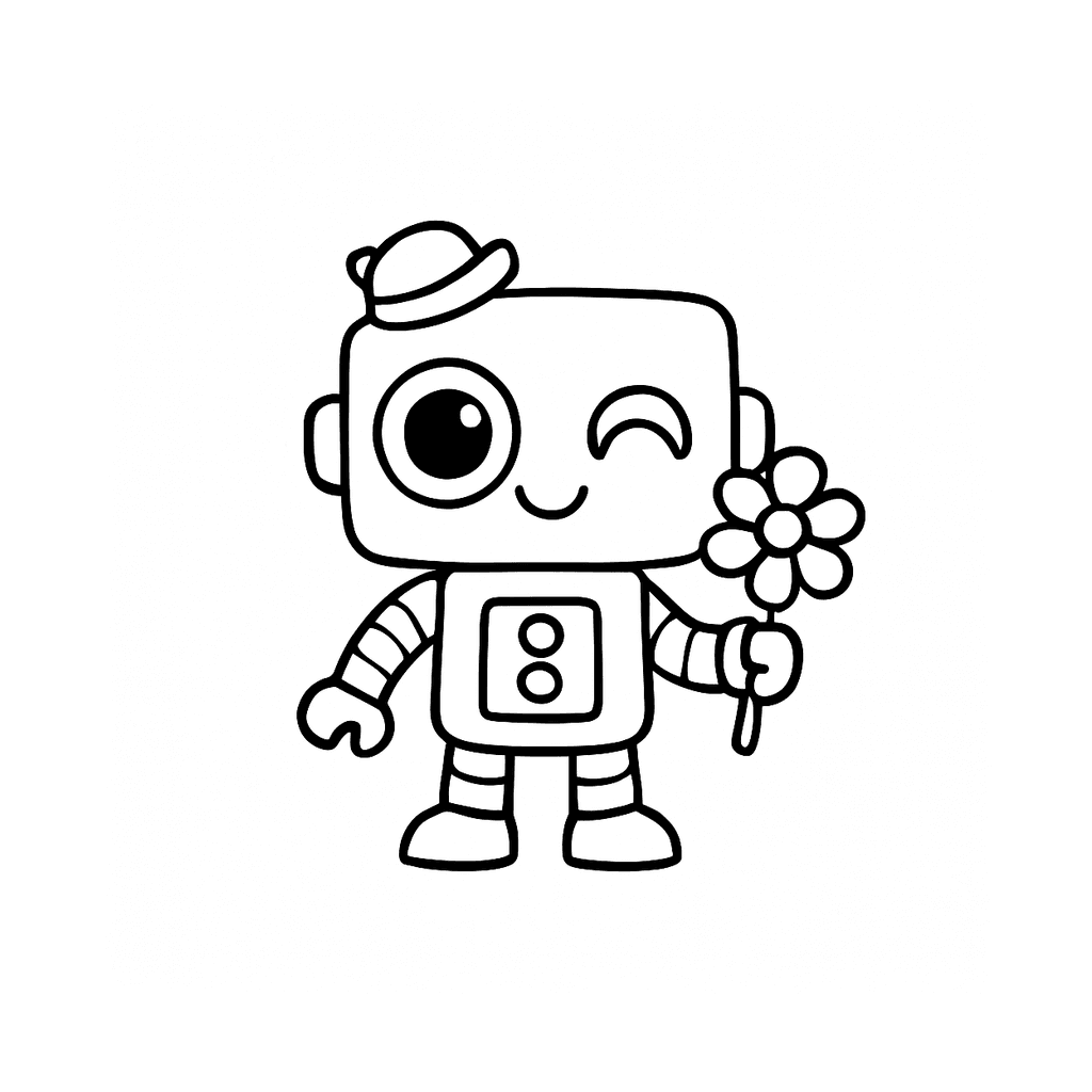 Black and white coloring page of friendly robot with big round eyes