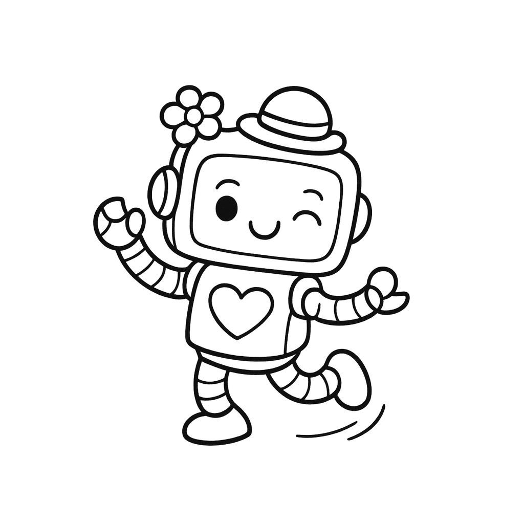 Black and white coloring page of dancing robot