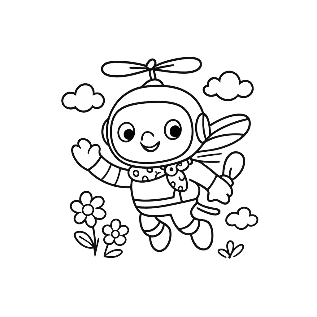 Black and white coloring page of flying robot with propellers