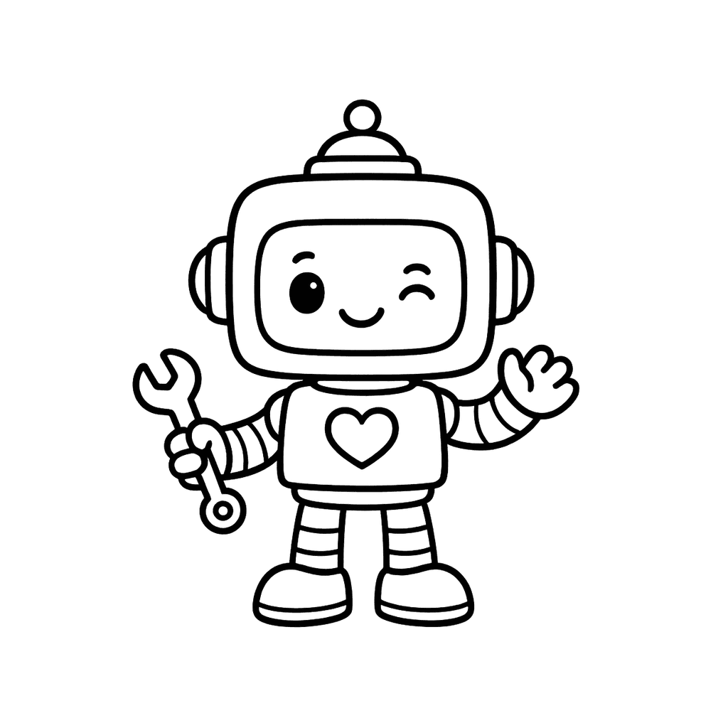Black and white coloring page of helper robot with friendly face