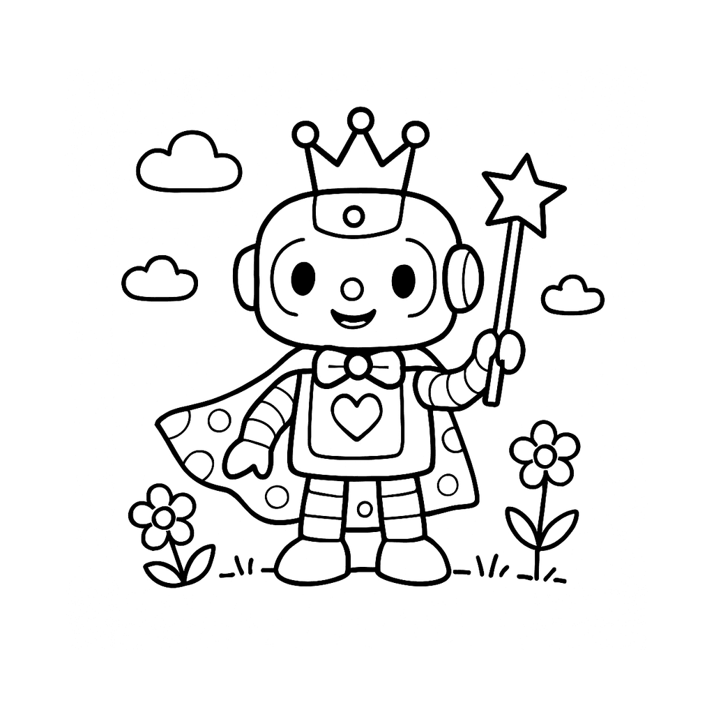 Black and white coloring page of friendly robot