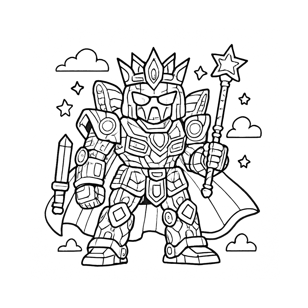 Black and white coloring page of giant mech robot