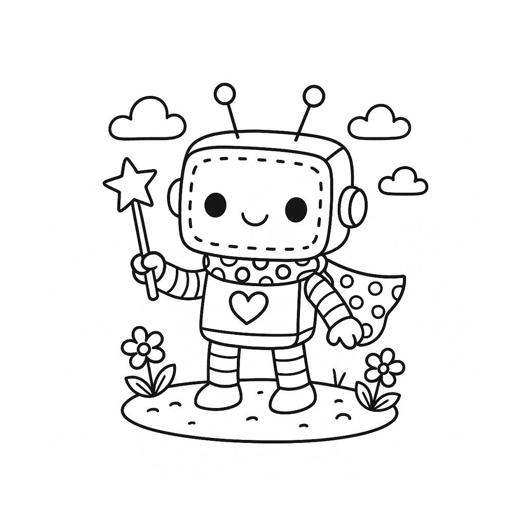 Black and white coloring page of space robot with antenna