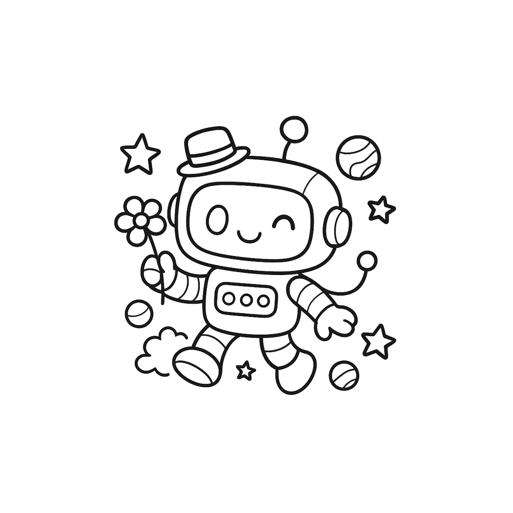 Black and white coloring page of space robot
