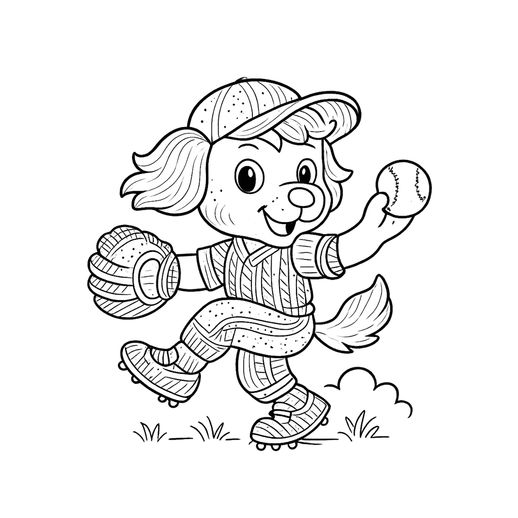 Black and white coloring page of baseball pitcher