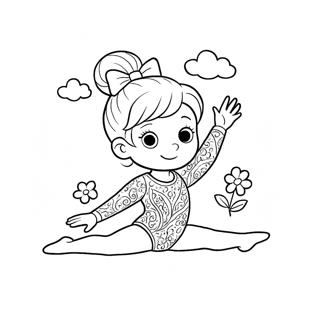 Black and white coloring page of gymnast doing a split