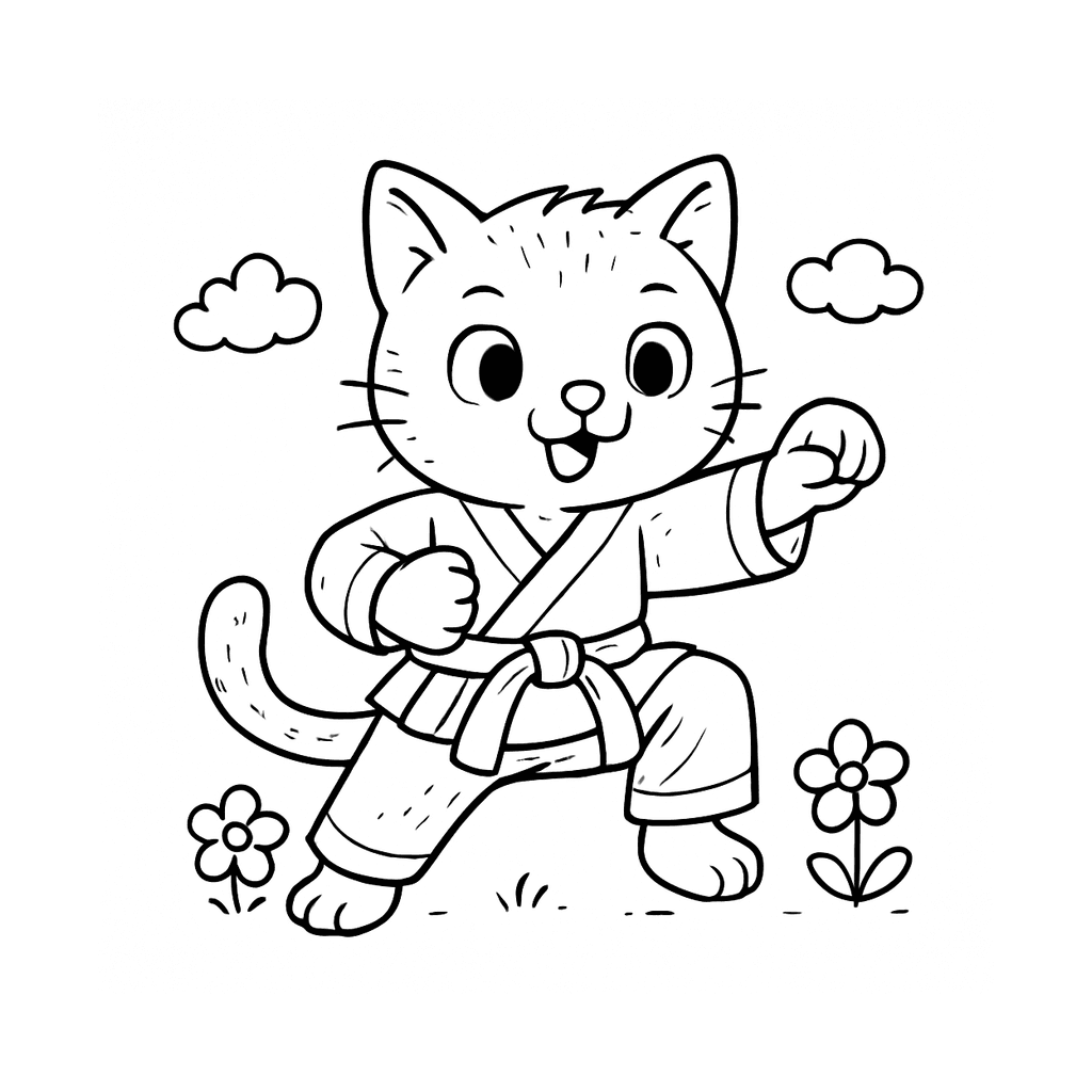 Black and white coloring page of karate kid in gi uniform
