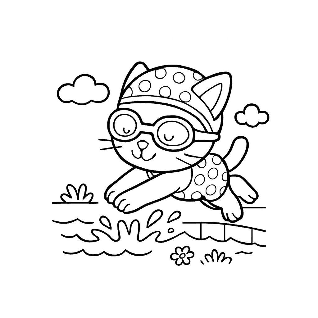 Black and white coloring page of swimmer diving into pool