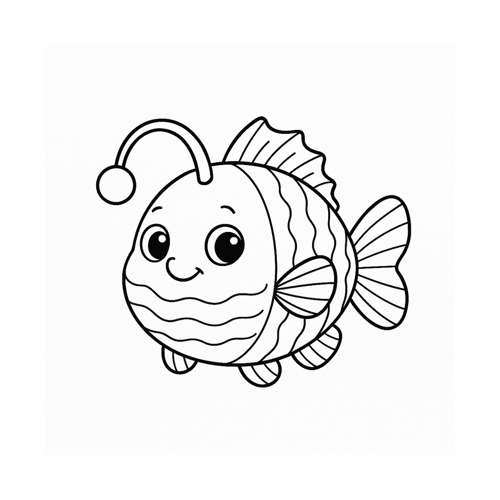 Black and white coloring page of a friendly cartoon anglerfish with a lure