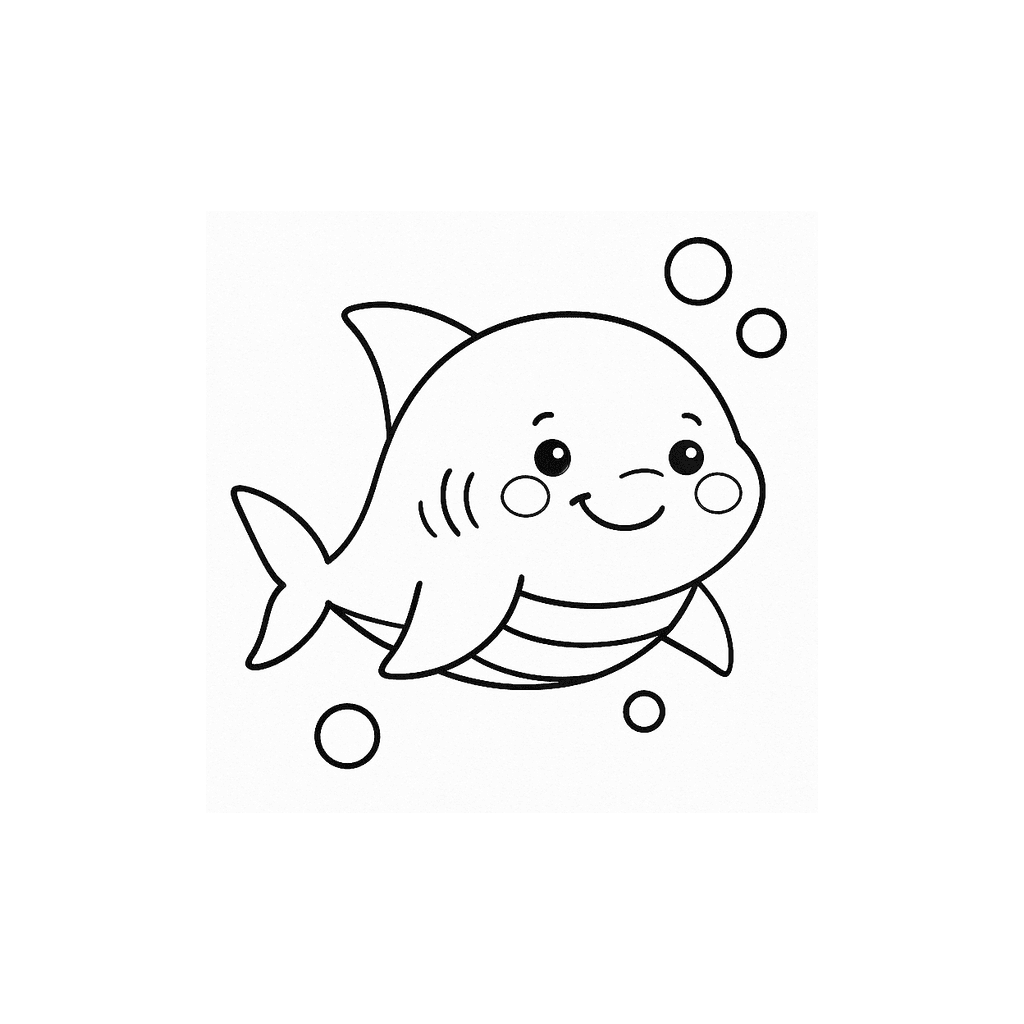 Black and white coloring page of a friendly cartoon shark swimming