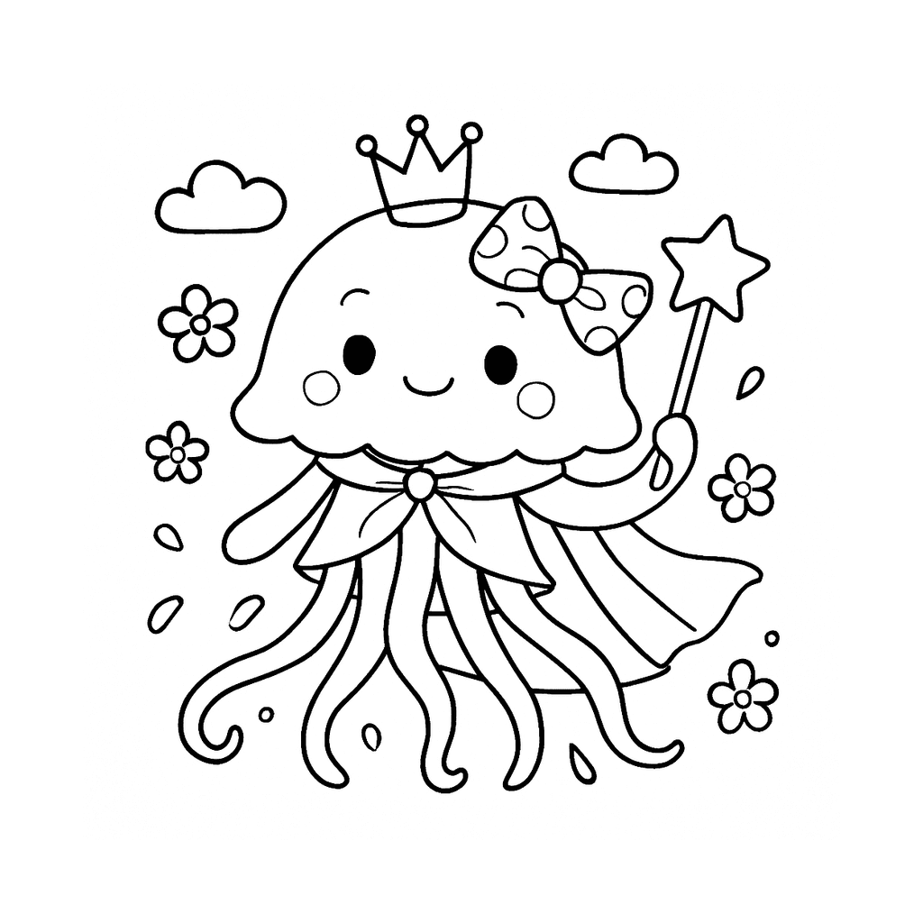 Black and white coloring page of jellyfish with flowing tentacles
