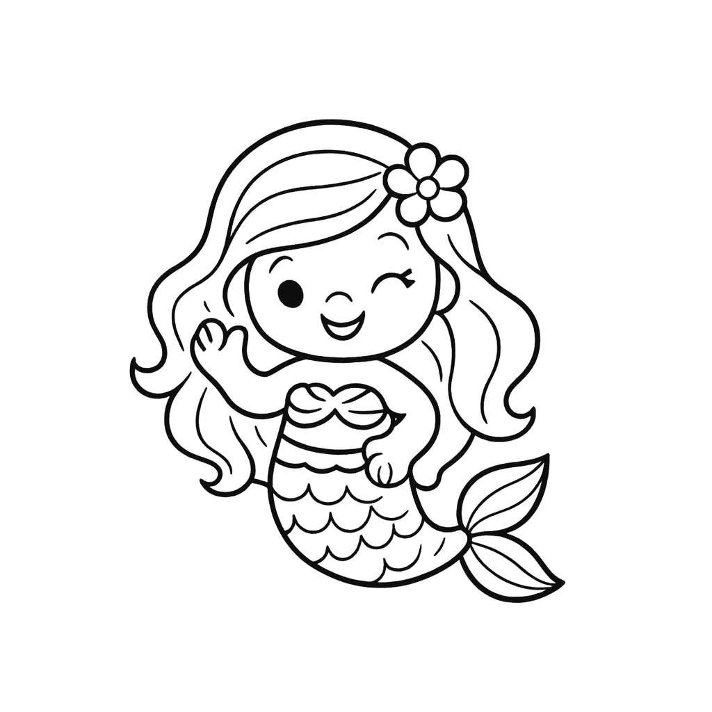 Black and white coloring page of mermaid with flowing hair