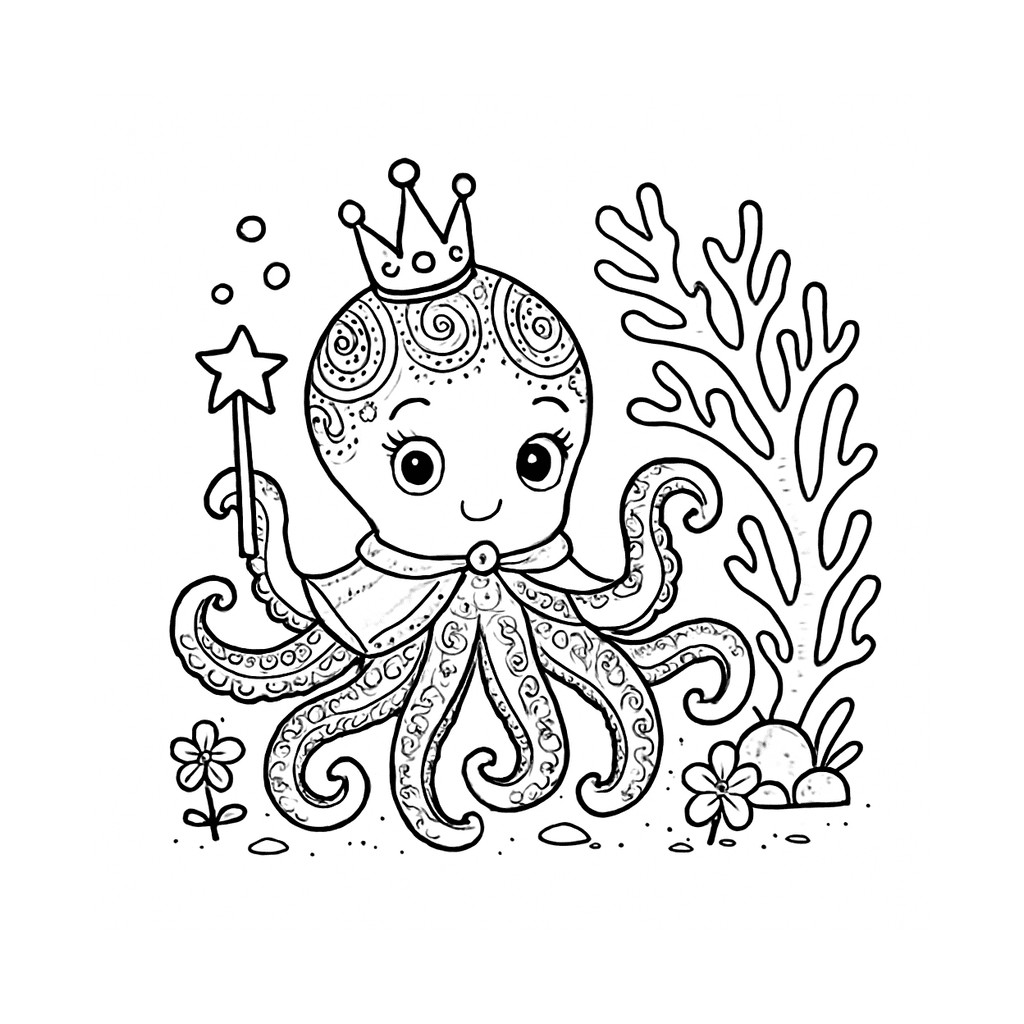 Black and white coloring page of octopus