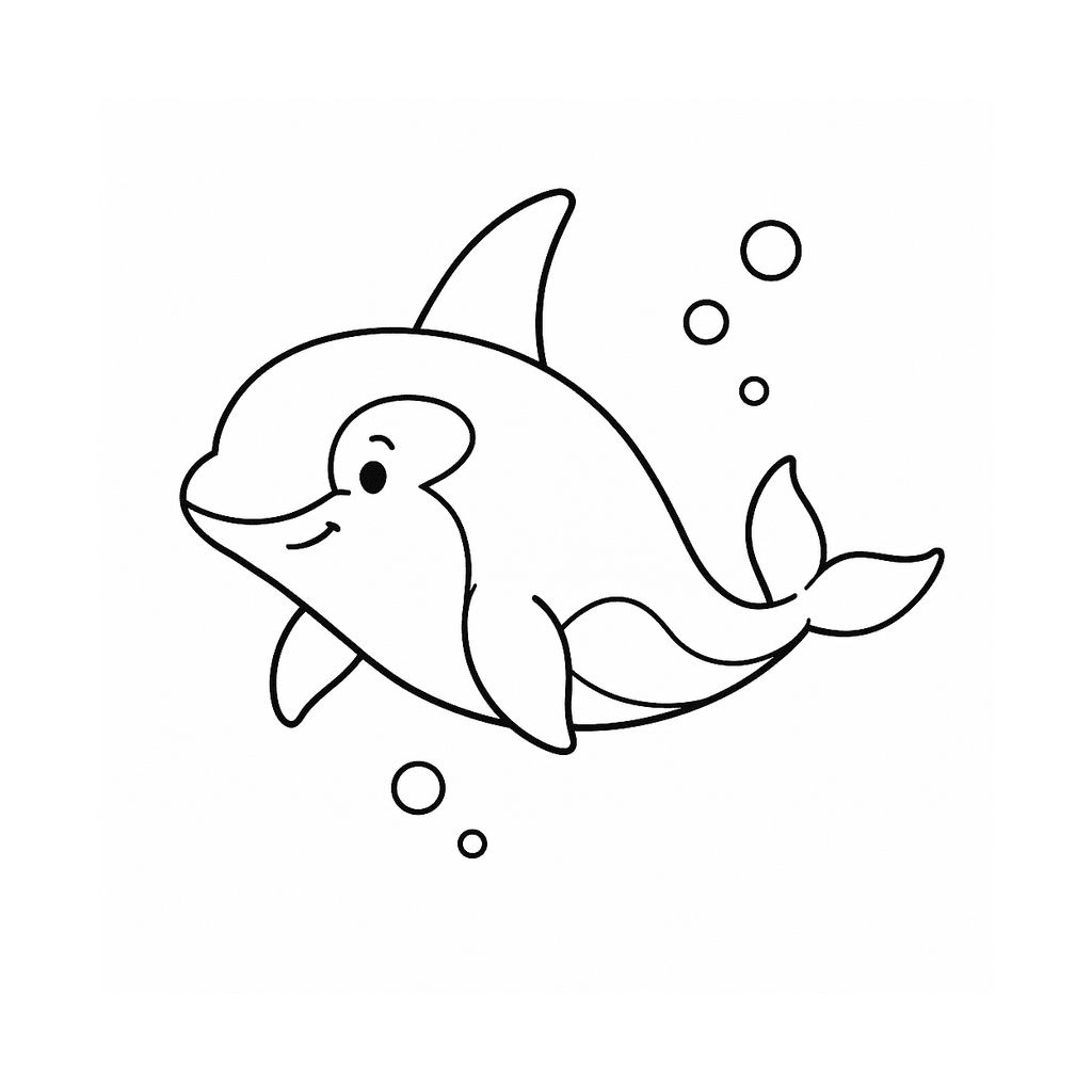 Black and white coloring page of an orca swimming with a tall dorsal fin