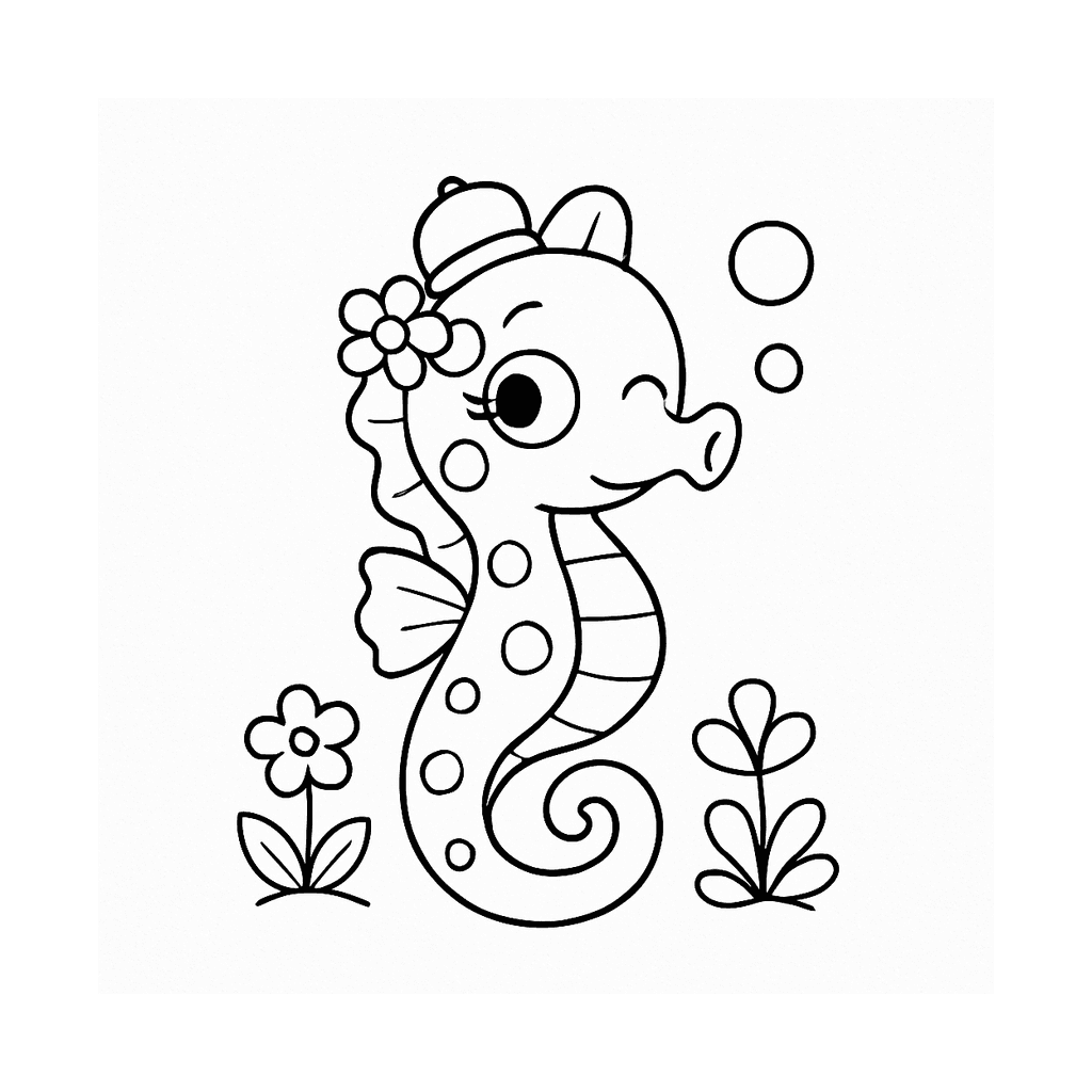 Black and white coloring page of seahorse