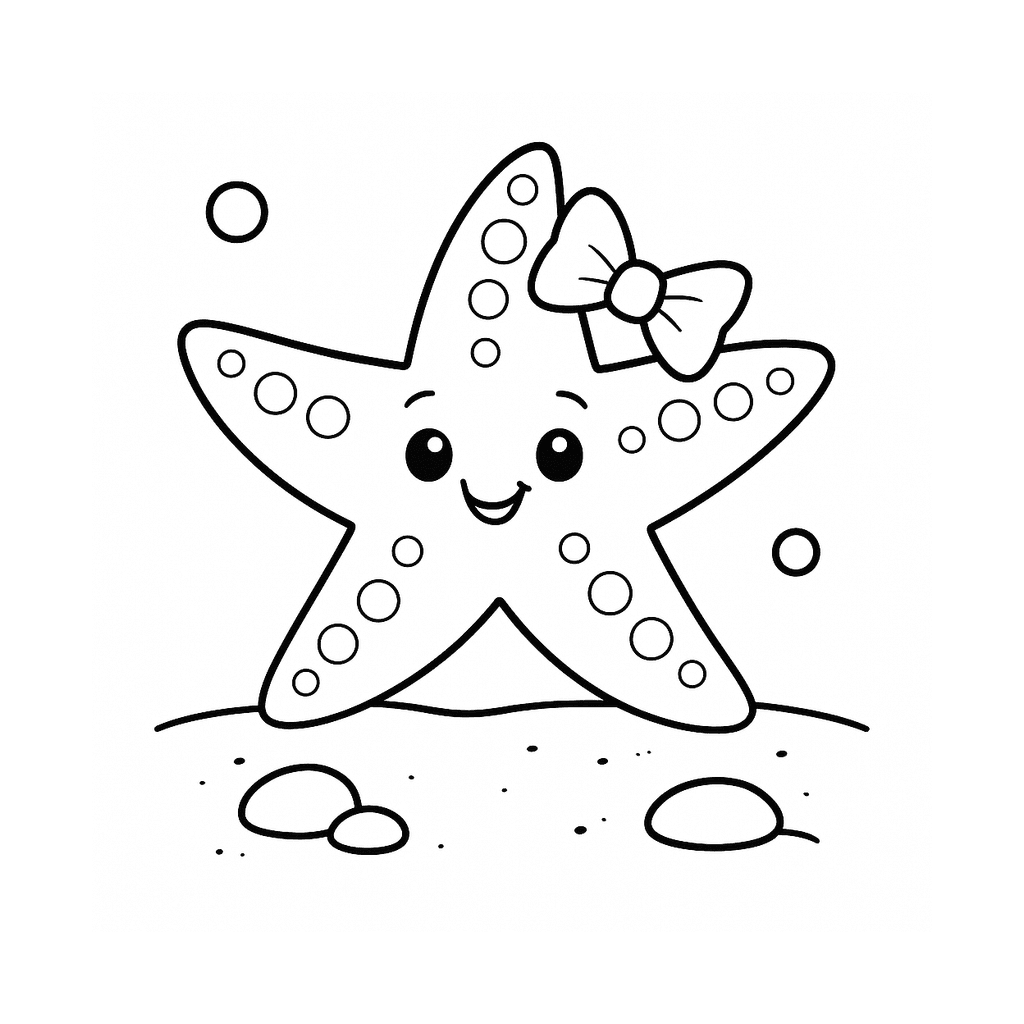 Black and white coloring page of a starfish on the seafloor with pebbles
