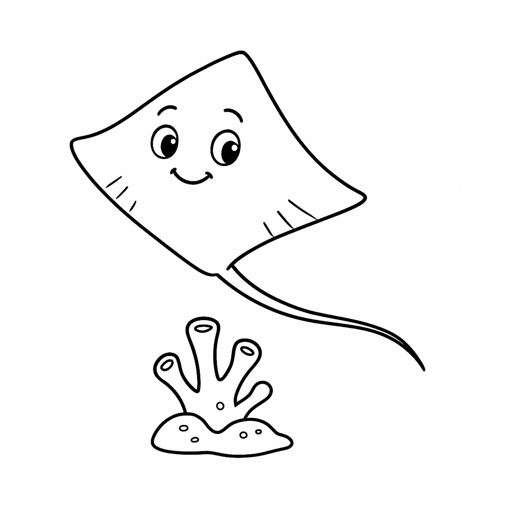 Black and white coloring page of a stingray gliding over a small coral cluster