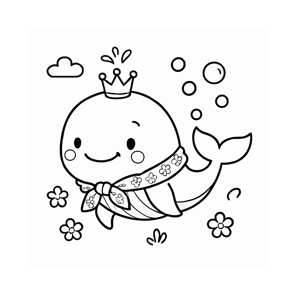 Black and white coloring page of whale